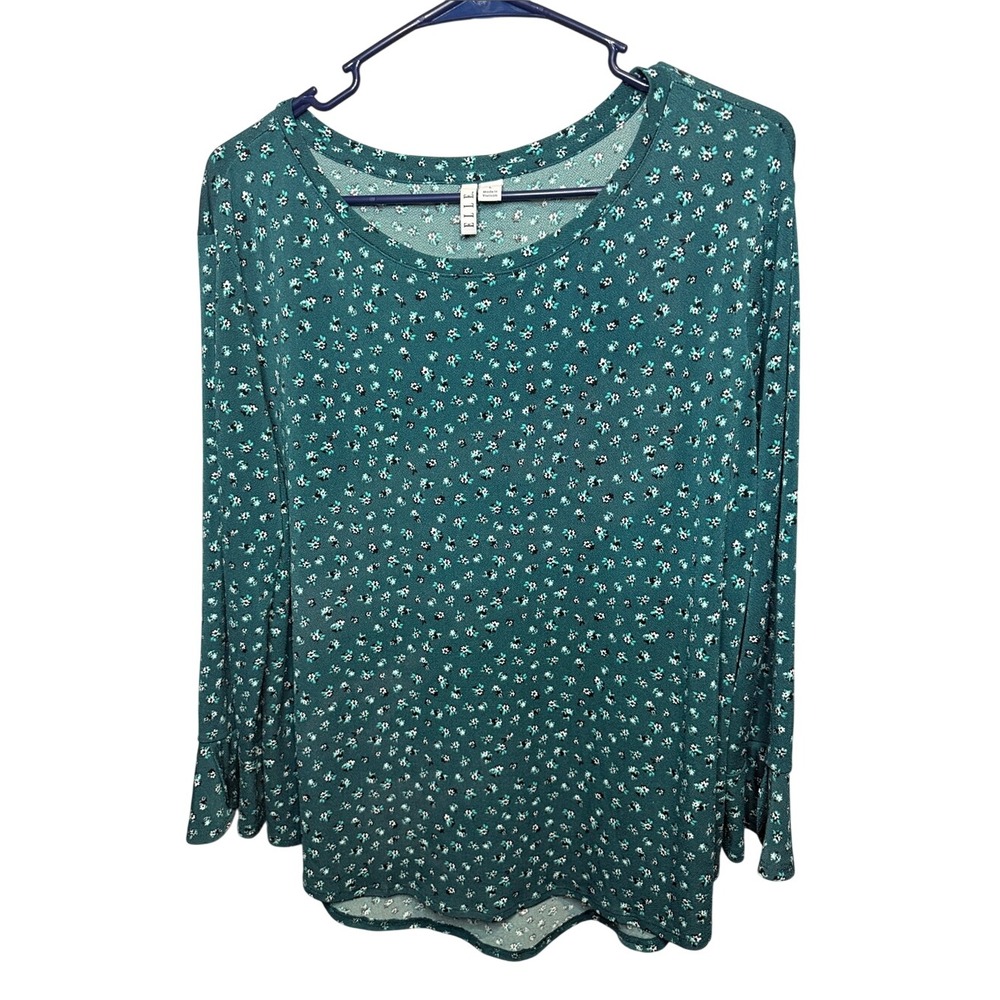 Elle Womens Teal Green Ditsy Floral Long Sleeve Bell Cuff Blouse Size Large